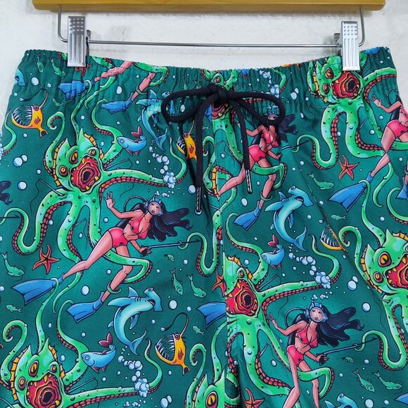 CULPRIT Get It Green Kraken Tattoo Style Print Mens Swim Trunks Board Shorts M - Picture 4 of 11